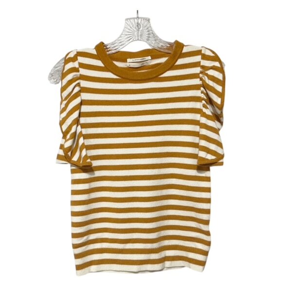 Anthropologie Women's XS Jillian Flutter Sleeve Mustard White Striped Sweater - Picture 3 of 7